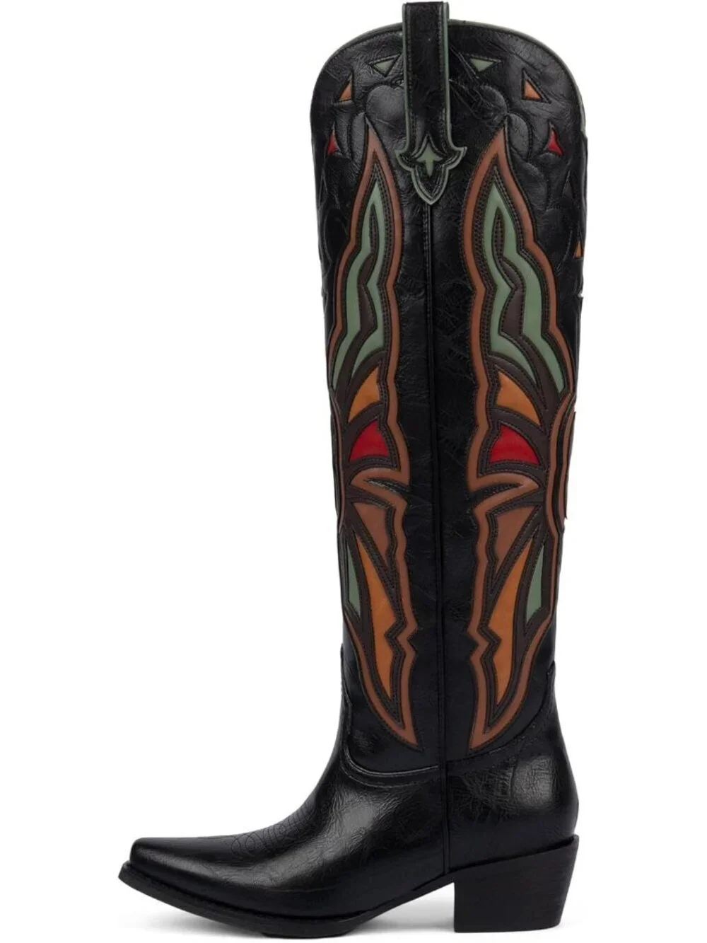 Women's Black Cowboy Knee High Chunky Heel Butterfly Cowgirl Boots Wide Calf